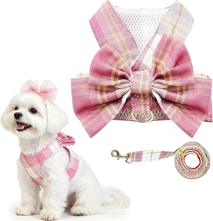 Cute Dog Harness and Leash Set with Bow Tie Soft Mesh Plaid Girl Puppy Harness No Pull Pet Cat Dog Vest Harness for Small Dogs Chihuahua Rabbit Outfit (Pink,S)