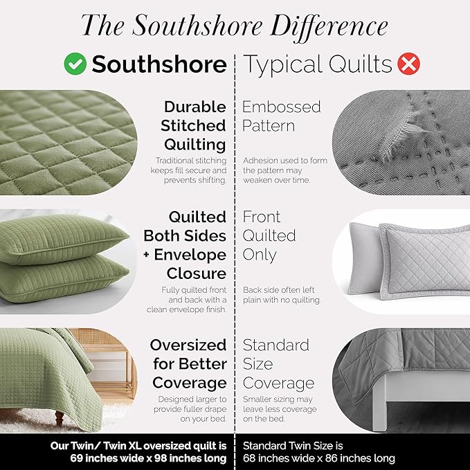 Southshore Fine Living, Inc. Twin XL Comforter Quilt Set, Dorm Room Bedding Essentials, Stain Resistant, Machine Washable Bed Spread, Twin XL Green Quilt Bedspread Set w/Pillow Sham, Sage Green