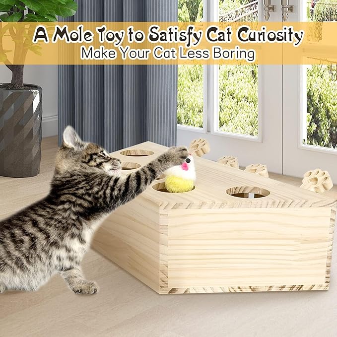 kathson Cat Enrichment Toys for Indoor Cats, Solid Wood Kitten Whack A Mole Interactive Box Catch Mice Game Cat Puzzle Toy for All Ages Cats Kittens Exercise Puzzle Relieve Boredom