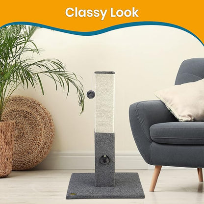 Pawbee 32" Cat Scratching Post with Jingle Bell and Softball, Sisal Rope Tower for Indoor Adults Large Cats, Gray & Beige