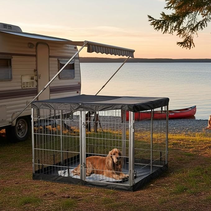 Dog Playpen w/Square Bottom Pad & Top Cover - 32 inch, 8 Panel Portable Grey Metal Pet Play Pen for Small and Medium Dogs - Indoor/Outdoor Kennel Cage for Home, Yard, RV, or Camping