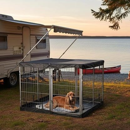 Dog Playpen w/Square Bottom Pad & Top Cover - 32 inch, 8 Panel Portable Grey Metal Pet Play Pen for Small and Medium Dogs - Indoor/Outdoor Kennel Cage for Home, Yard, RV, or Camping