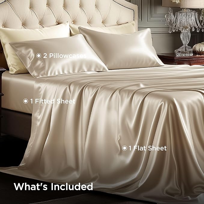 Bedsure Satin Sheets Queen Size - 4 Piece Silky Bedsheets with 15 Inches Deep Pocket Fitted Bedsheet,1 Flat Sheet, 2 Satin Pillowcases, Good for Hair & Skin (Queen, Khaki)