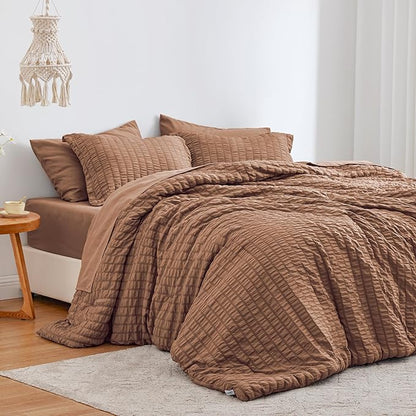 Love's cabin Seersucker Mocha Mousse Full Comforter Set, 7-Piece All Season Lightweight Bed in a Bag Bedding Set with Comforter, Flat Sheet, Fitted Sheet, Pillowcases and Shams | Soft, Breathable, Lightweight