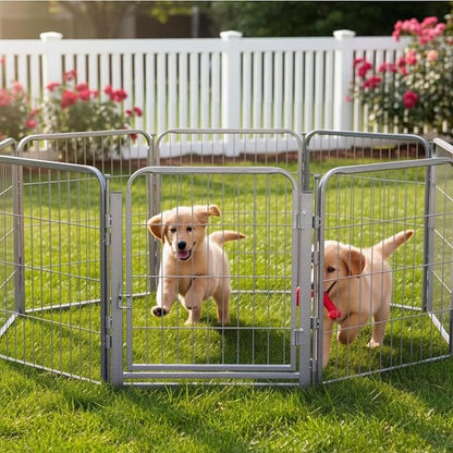 Dog Playpen - 24 inch, 8 Panel Portable Grey Metal Pet Play Pen for Small Dogs and Puppies - Indoor/Outdoor Kennel Cage | Anti-Rust Tool Free Setup for Home, Yard, RV, or Camping