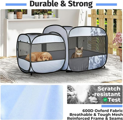 EighteenTek® 2-in-1 Portable Cat Playpen(End Doors), Pop up Kitten Playpen, Assembly-Free, Pet Tent Crates Kennel Cage Enclosure for Dog Puppy Indoor Outdoor(No Divider, Unified Space)