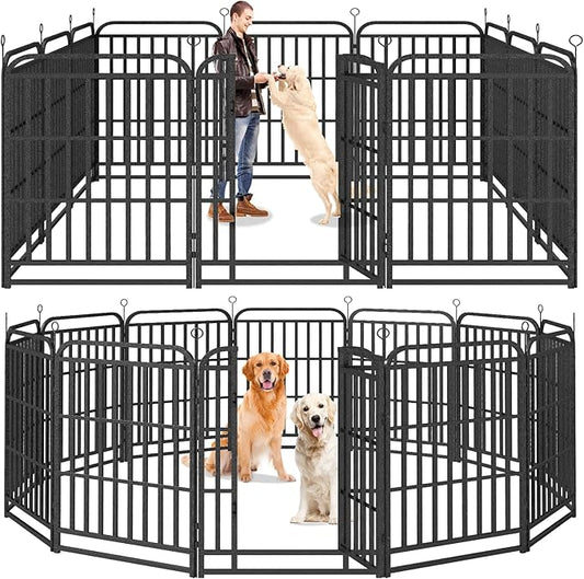 Kfvigoho Heavy Duty Dog Playpen: 12 Steel Panels 40" Height, Square Steel Pipe with Reinforced Crossbars, 27FT 57 Sq.ft Portable Fence for Yard RV Camping, Snowy Black