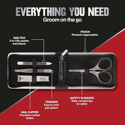 Revlon Men's Grooming Kit, 5-Piece Travel Essentials Set, Includes Nail Clippers, Scissors, File, Tweezers and Carrying Case, Stainless Steel, 1 count