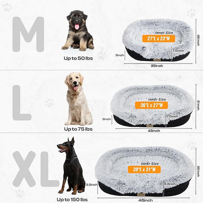 Fluffy Orthopedic Jumbo Dog Bed for Extra Large Dogs, Calming Plush Sofa Bed with Curved Bolster Support, 48" Cozy Oval Pet Donut Bed with Washable Cover, Gray