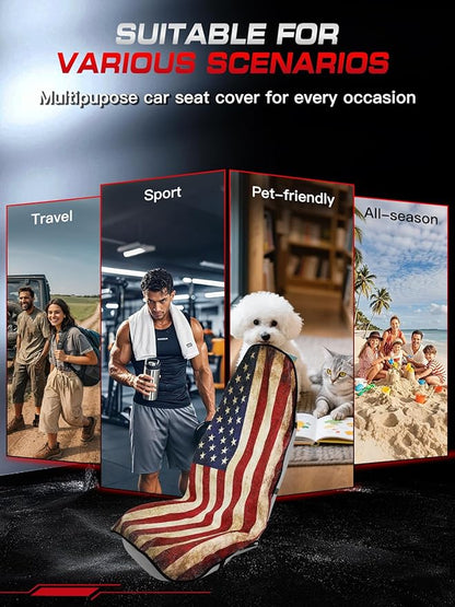 American Flag Car Seat Cover Towel, Waterproof Sweat Protector for Gym Post-Workout & Beach, Universal Fit for Sedans SUV Minivan, Machine Washable Non-Slip Bucket Seat Mat - 2 Pack