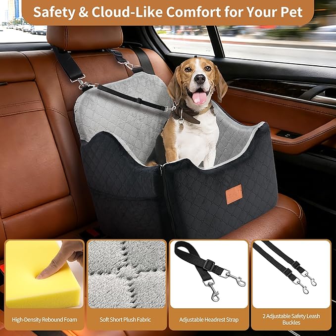 XEEP Dog Car Seat Bed for Small/Medium Dogs – Dog Booster Car Seat Up to 35 lbs -Use Travel Booster Seat with Memory Foam, Safety Belt, Bonus Urine Pad & Blanket, Removable Washable (Black/Grey)