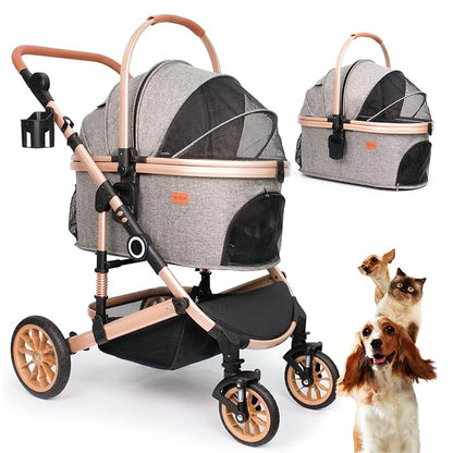 Bicystar Pet Stroller for Medium Dogs, Smooth-Ride Dog Stroller with Detachable Carrier, Rubber Wheels, Car Seat Combo 3-in-1, Up to 50 lbs, for Senior Dogs & Cats, Grey