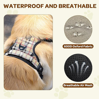FURRYFECTION Plaid Dog Harness for Large Dogs, Reflective No Pull Adjustable Pet Vest with Front Clip, Leash, Easy Control Handle and Seat Belt, Beige&White, L