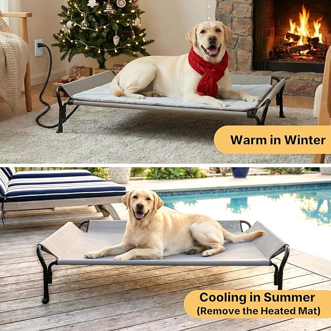 Veehoo Elevated Dog Bed with Plush Heated Mat, Raised Dog Bed with Waterproof Heating Pads for Cats & Dogs Outdoor Indoor, Heated Dog Sofa Bed with Power Line Protection Tube, 39.4" x 28.0", Grey