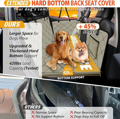 Back Seat Extender for Dogs-Large Space, Dog Car Seat Cover Hard Bottom Holds 420lbs, Sturdy Backseat Extender for Dogs, Upgraded Waterproof Pet Car Bed Dog Hammock for Car SUV, Truck Khaki