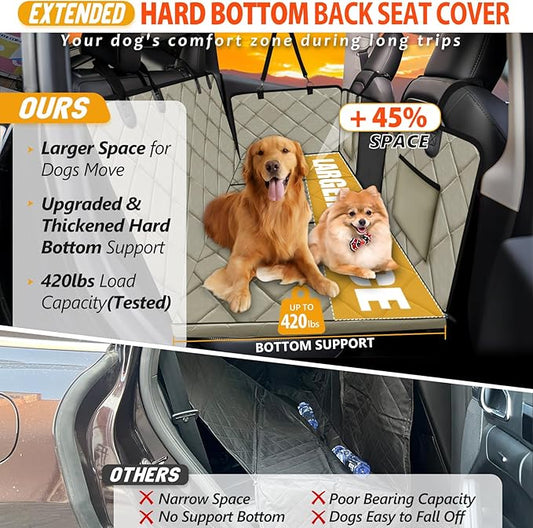 Back Seat Extender for Dogs-Large Space, Dog Car Seat Cover Hard Bottom Holds 420lbs, Sturdy Backseat Extender for Dogs, Upgraded Waterproof Pet Car Bed Dog Hammock for Car SUV, Truck Khaki
