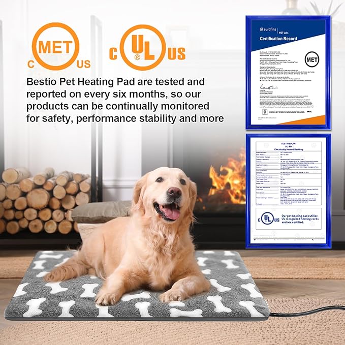 Bestio Dog Heating Pad,28x18 in Heated Dog Bed with Constant Heat & Auto Modes，MET&UL Certified Pet Heating Pad,Chew-Resistant Cord,Waterproof Washable Cover-Gray