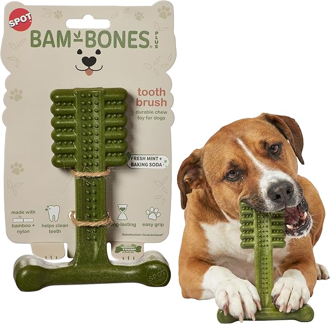SPOT Bam-Bones Plus Toothbrush Dog Chew Toy for Medium Dogs 30-60 lbs, Bamboo & Nylon Dental Chew with Mint & Baking Soda, T-Bone Shape for Moderate to Heavy Chewers, 6 Inch