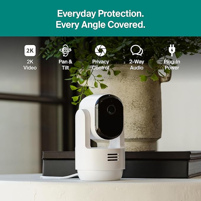 Arlo Essential Indoor Pan Tilt Security Camera 2K (2025 Release) + 6 Months of Secure Plus Plan - Wired Plug-in Power, Person Recognition, Animal Detection, Auto Motion Tracking, 1 Cam, White