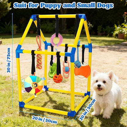 Puppy Play Gym with 9 Hanging Toys, Interactive Dog Enrichment Playground, Removable Indoor Training Activity Center for Puppies & Small Dogs, Adjustable PVC Frame, Teething & Squeaky Toys Included