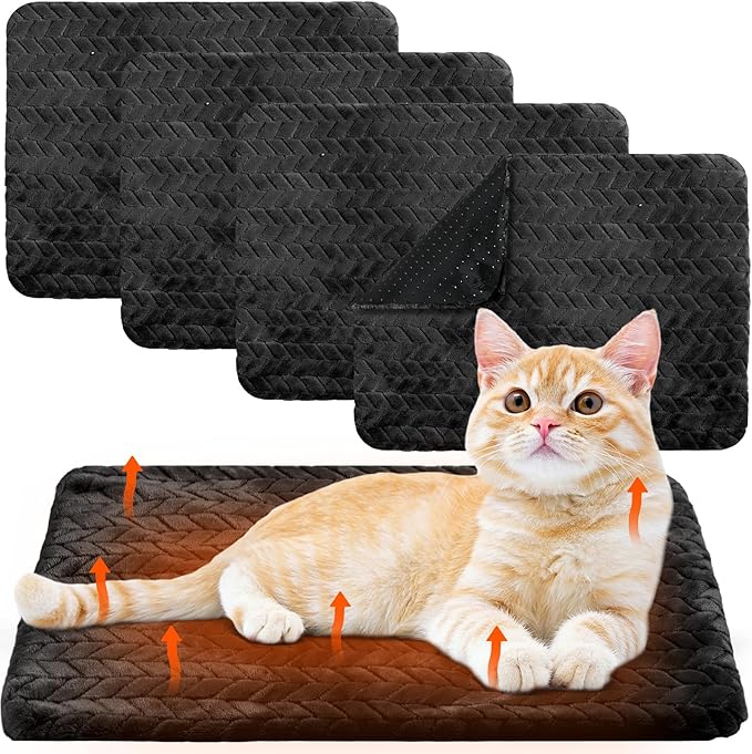 Drydiet 4 Pack Self Warming Cat Bed Mat Self Heating Pad for Dog Extra Warm Winter Pet Pad Washable Thermal Pads Mats for Pets Indoor Outdoor(Black,16 x 20 Inch)