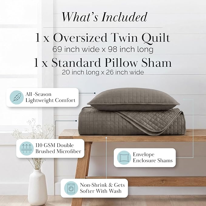 Southshore Fine Living, Inc. Quilt Comforter Twin XL Bedding Set for College Dorm Room, Bedding Essentials, Stain Resistant, Machine Washable Bed Spread, XL/Twin Comforter Set with Sham, Dark Taupe