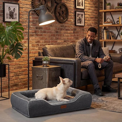 Memory Foam Dog Beds Medium Sized Dog with Removable Bolsters & Washable Cover,Orthopedic Pet Beds Eggshell Foam Infused with Cooling Gel Waterproof Relieves Joint Pain,28"x23"x6.5"Dark Grey
