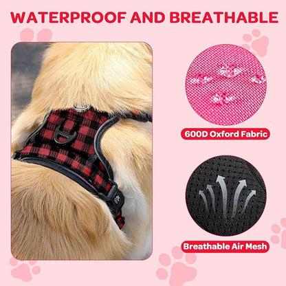 FURRYFECTION Plaid Dog Harness for Small Dogs, Reflective No Pull Adjustable Pet Vest with Front Clip, Leash, Easy Control Handle and Seat Belt, Red&Black, S