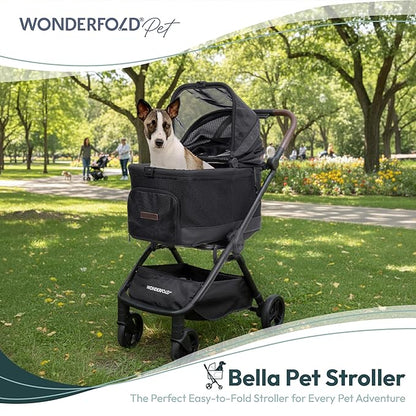 WonderFold Bella Pet Stroller - Autofold Design with Lightweight Aluminum Frame, Breathable Carriage Fabrics and Canopy, Safety Tethers & Easy-Clean Interior - Light Gray