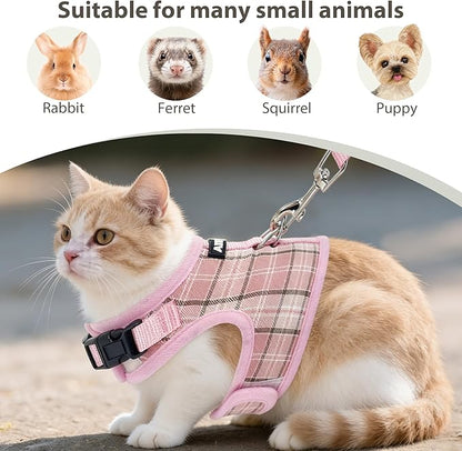 AIITLE Adjustable Bunny Harness & Leash Set - Soft Mesh Liner, Comfort Fit Plaid Pattern Vest with Magic Tape Design, Portable for Small Animal Pets Rat Squirrel Ferret Puppy Cat, Blue L