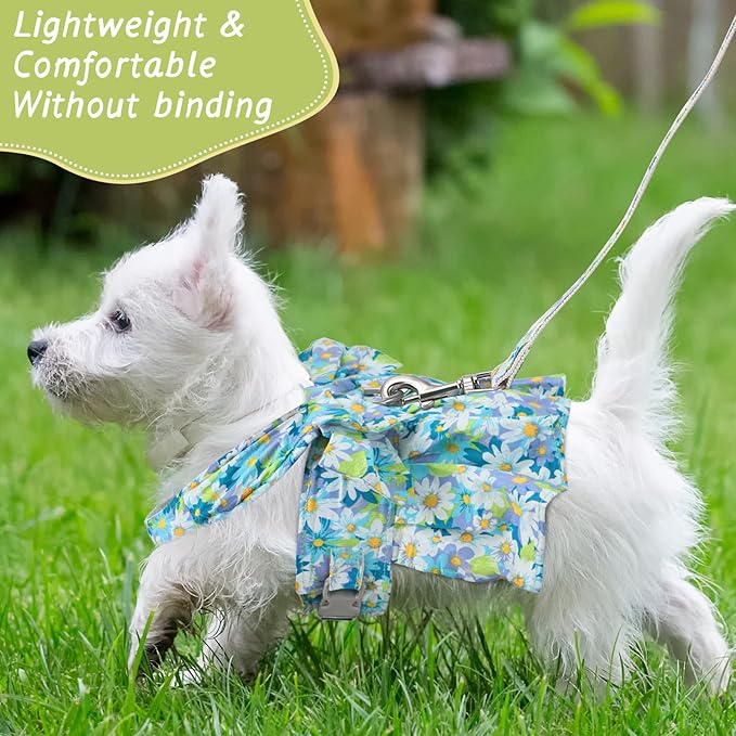 Sanwuta 4 Pack Harness Dog Dress Bowknot Leash Set Floral Princess Dog Harness Dress Vest with Leash Pet Doggy Outfits for Outdoor Walking, 4 Colors(Small)