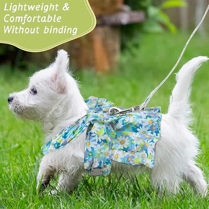Sanwuta 4 Pack Harness Dog Dress Bowknot Leash Set Floral Princess Dog Harness Dress Vest with Leash Pet Doggy Outfits for Outdoor Walking, 4 Colors(Small)