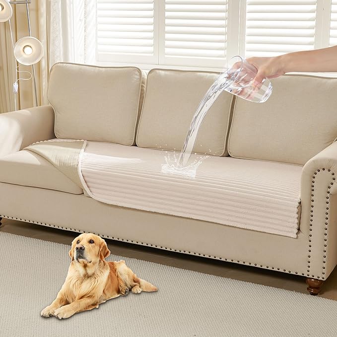 HAOMAIJIA Waterproof Couch Cover for Dogs Washable,Faux Fur Pet Couch Covers for Sofa,Soft Dog Bed Cover Non-Slip Couch Covers for 3 Cushion Couch Sofa Pet Friendly (Off White, 35" x 95" 1 Pack)