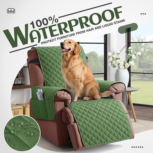 KinCam 100% Waterproof Recliner Chair Cover, Reclining Couch Covers for Pets, Dogs, Recliner Sofa Slipcover Furniture Protector with Elastic Straps for Kids(23.6", Vine Green)