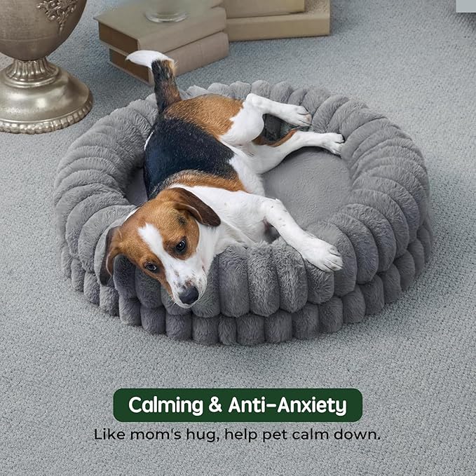 BALANCE Luxury Donut Dog Bed, 30 Inches Round Dog Bed Medium Size Dogs Washable, Orthopedic Calming Dogs Bed for Pets with Anti-Slip Bottom, Gray