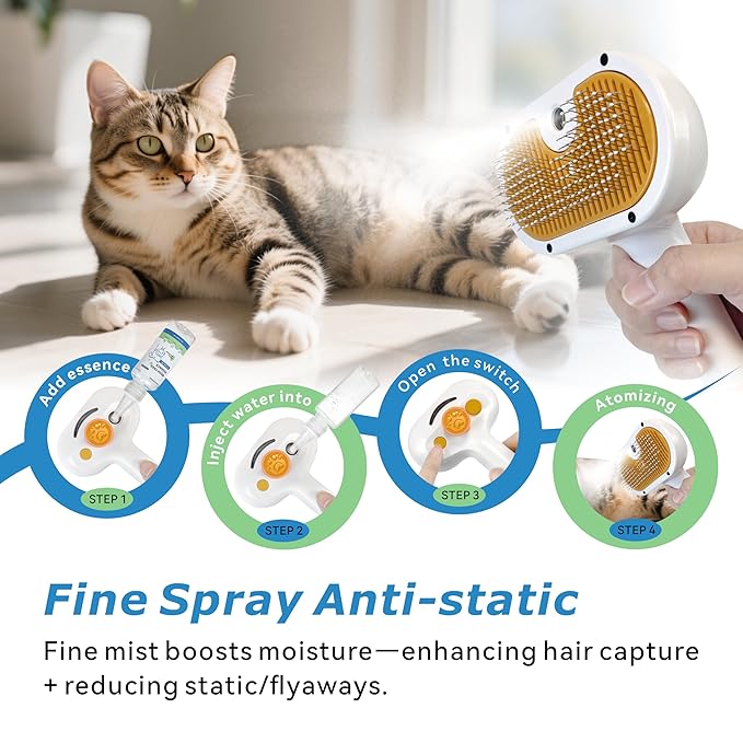 4-in-1 Pet Steam Brush for Dog & cat brush for shedding，Spray Hair Removal Comb with Waterless Shampoo–Self-Cleaning Pet Grooming Tool for Shedding, Anti-Static & Skin-Friendly Design