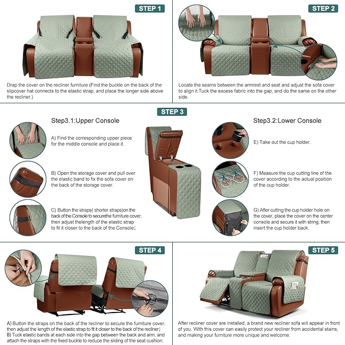Ruaozz Waterproof Loveseat Recliner Cover with Console Non-Slip Reclining Couch Covers Split Sofa Slipcovers with Elastic Straps for Kids, Dogs, Pets (Sage Green, 2 Seater)