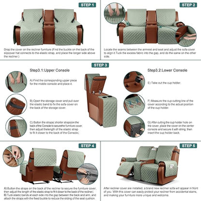Ruaozz Waterproof Loveseat Recliner Cover with Console Non-Slip Reclining Couch Covers Split Sofa Slipcovers with Elastic Straps for Kids, Dogs, Pets (Sage Green, 2 Seater)