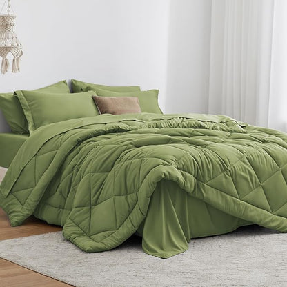Love's cabin Queen Comforter Set Olive Green, 7 Pieces Queen Bed in a Bag, All Season Bedding Sets with 1 Comforter, 1 Flat Sheet, 1 Fitted Sheet, 2 Pillowcase and 2 Pillow Sham