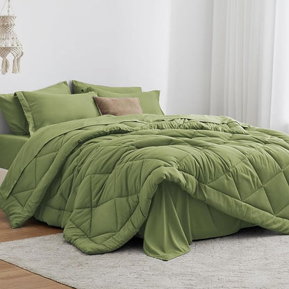 Love's cabin Twin Comforter Set Olive Green, 5 Pieces Twin Bed in a Bag, All Season Bedding Sets with 1 Comforter, 1 Flat Sheet, 1 Fitted Sheet, 1 Pillowcase and 1 Pillow Sham