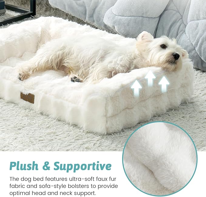 COZY KISS Faux Rabbit Fur Orthopedic Dog Bed, Dog Bed for Medium Size, Supportive Foam Pet Sofa with Waterproof Lining Cover, Washable U-Shaped Pet Couch with Anti-Slip Bottom, Beige M 30x20x6.5 inch