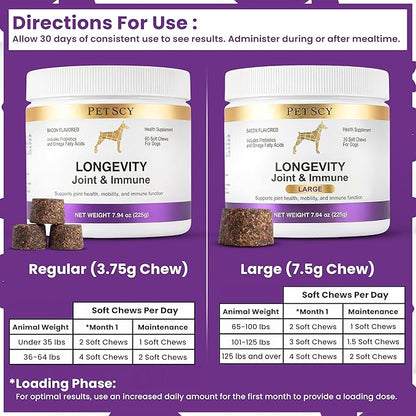 Petscy Longevity Hip & Joint + Immune Support Chews for Dogs - 3.75g Chew - High Dose Glucosamine, MSM, Chondroitin, Green Lipped Mussel, Omega 3, Probiotics - 60 Chews (Small & Medium Dogs)