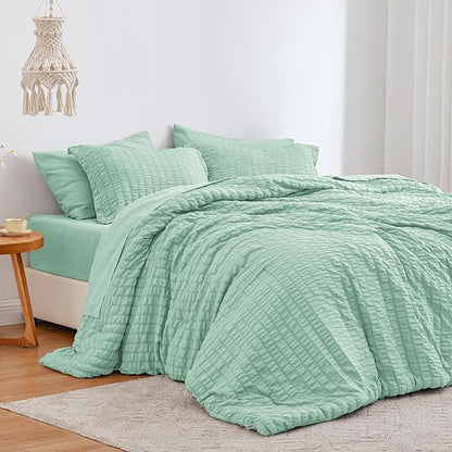 Love's cabin Seersucker Light Green Full Comforter Set, 7-Piece All Season Lightweight Bed in a Bag Bedding Set with Comforter, Flat Sheet, Fitted Sheet, Pillowcases and Shams | Soft, Breathable, Lightweight