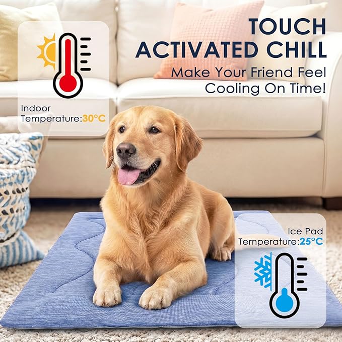 Dog Cooling Mat, Portable & Durable Cooling Mat for Dogs, Physical Heat Absorption, Anti-Slip Cooling Bed for S-Medium Dogs up to 35 lbs (French Bulldog, Beagle, Corgi), 32x20 inches, Blue Wave