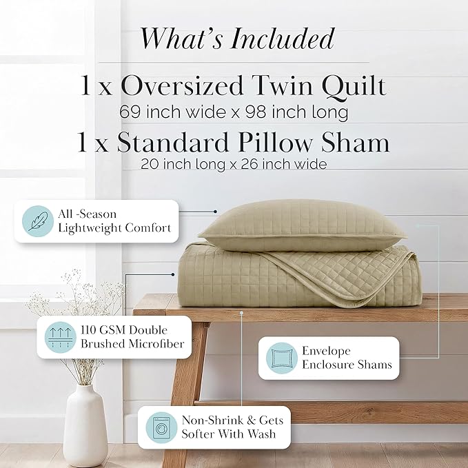 Southshore Fine Living, Inc. Twin Quilt Bedding Set, Soft Brushed Microfiber Taupe Quilts, Twin/XL Coverlet Bedspread, Wrinkle & Pet Hair Resistant Bedding with 1 Pillow Sham, Taupe