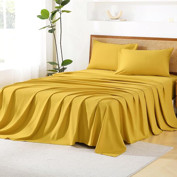 Litanika Queen Size Comforter Set with Sheets Mustard Yellow - 7 Pieces Bed in a Bag Queen Chevron Tufted Complete Bedding Sets with Comforter, Sheets, Pillowcases & Shams