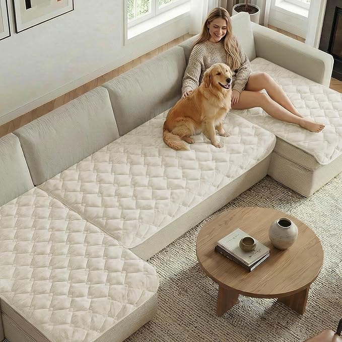 H.VERSAILTEX Chenille Couch Cover for Dogs Washable Soft Fuzzy Chaise Cover Sectional Couch Covers for L Shaped Sofa Both Left/Right Thick Pet Couch Cover Protector Non-Slip(Ivory, 34" x 68")