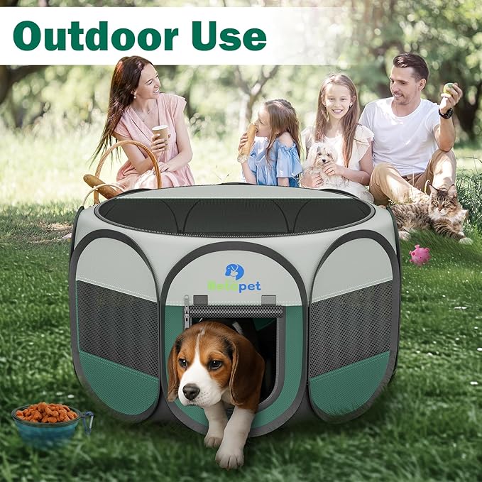 Playpen for Small Dogs Cats Crate: Puppy Play Pen Indoor Outdoor Foldable Potable Exercise Cage Pop up Kennel for Guinea Pig Rabbits Hamster Travel with Carrying Case & Food Bowl (Green, S, 1)