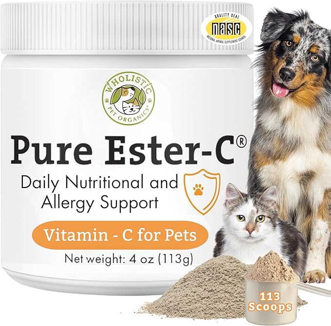 Wholistic Pet Organics Ester-C Powder for Dogs & Cats - Cat & Dog Allergy & Itch Relief - Vitamin C Immune Support Supplement - Itchy Skin Support for Seasonal Dog Allergy Relief - 4 oz - 113 Scoops