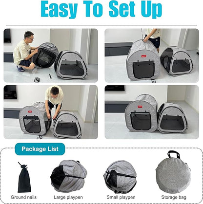 Portable Cat Playpen 2-Room, 2-in-1 Pop-up Cat Dog Crate Play Enclosure with Separate Areas, Foldable Pet Playpen for Puppy Kitten and Small Animals Indoor Outdoor Travel